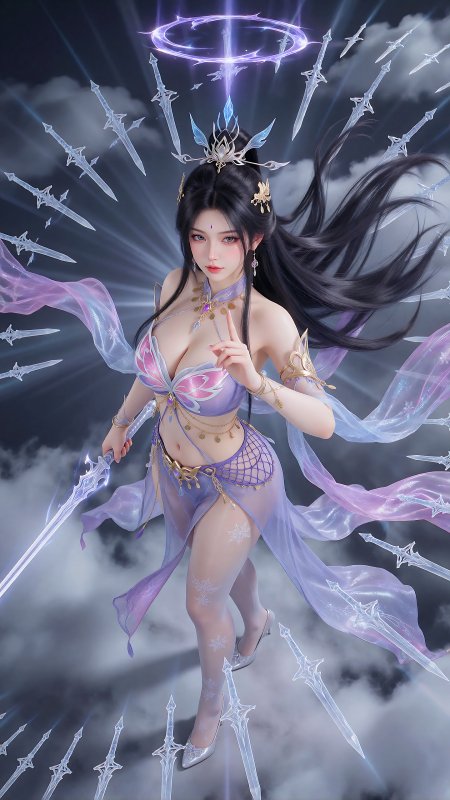 紫衣少女持剑悬浮光刃环绕紫蓝奇幻动漫手机
