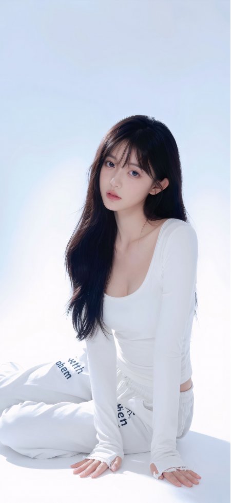 长发少女白衣坐姿清冷白调人物摄影手机壁纸