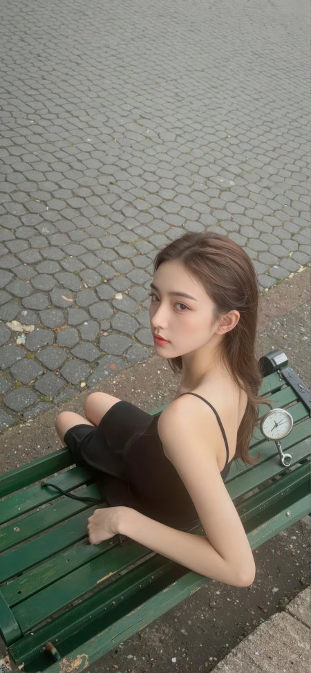 长发美女黑裙坐绿椅灰调人物摄影手机壁纸