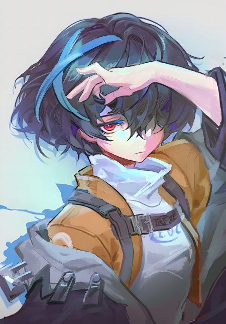 黑发红瞳少女手遮额蓝紫动漫手机壁纸