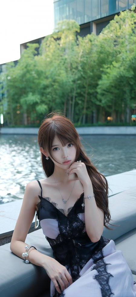 长发美女黑蕾丝白裙清冷都市人物摄影手机壁