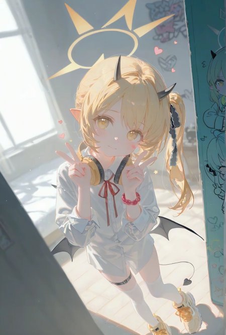 金发恶魔角少女比耶微笑暖白动漫手机壁纸