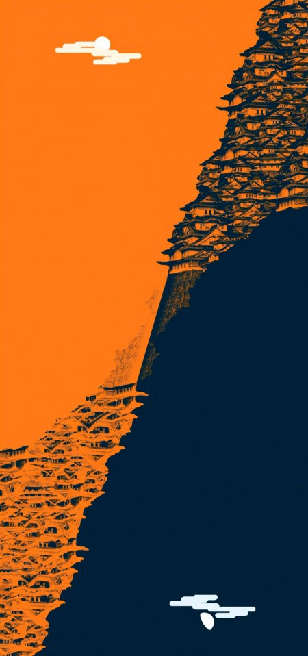 层叠古建筑山崖橙蓝对比创意插画手机壁纸