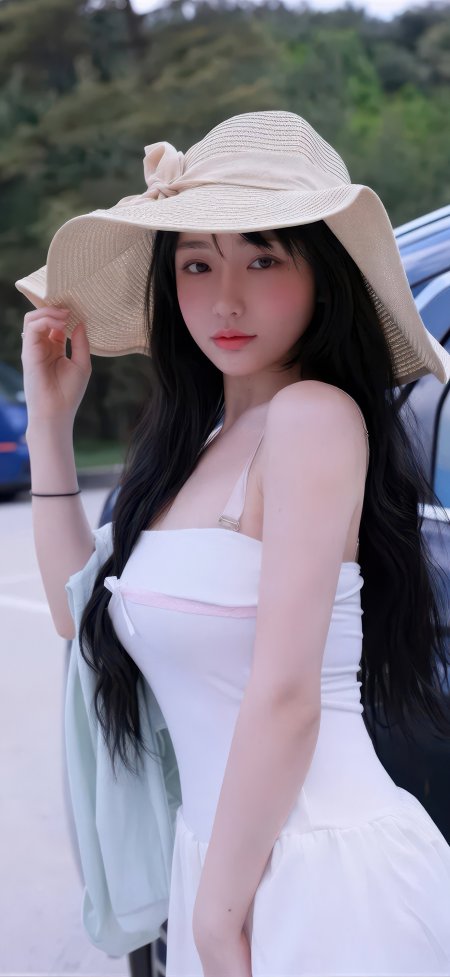 长发美女戴草帽白裙浅绿外套暖粉人物摄影手