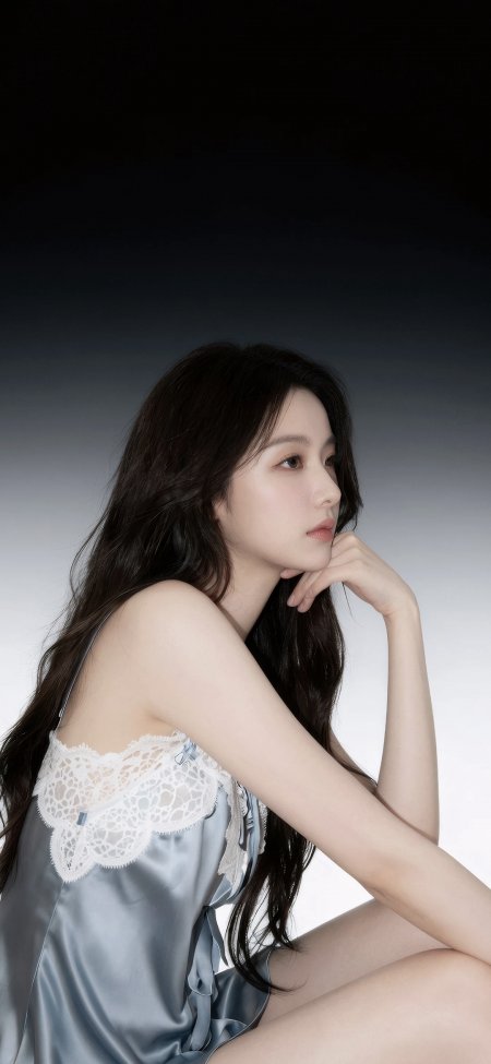 长发美女蓝灰丝质蕾丝裙柔光人物摄影手机壁