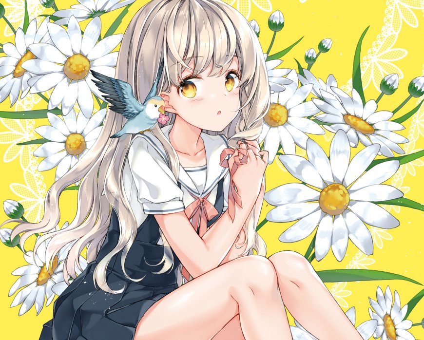 银发少女雏菊环绕黄白动漫电脑壁纸