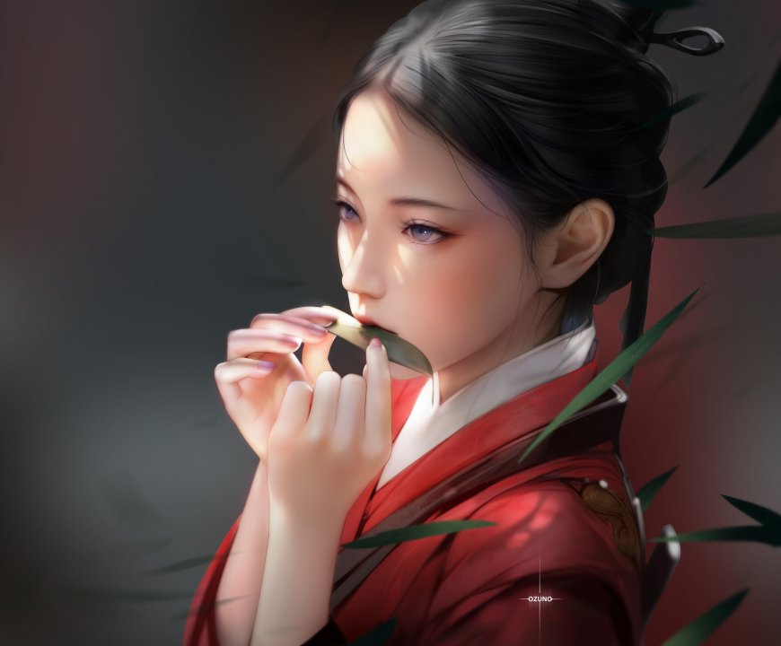 古风少女红衣持叶紫眸唯美动漫电脑壁纸