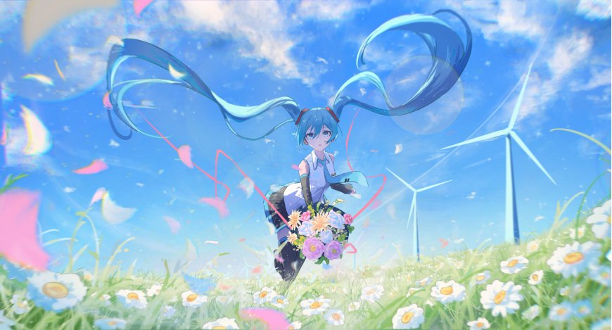初音未来蓝发双马尾花田风车蓝白动漫电脑壁
