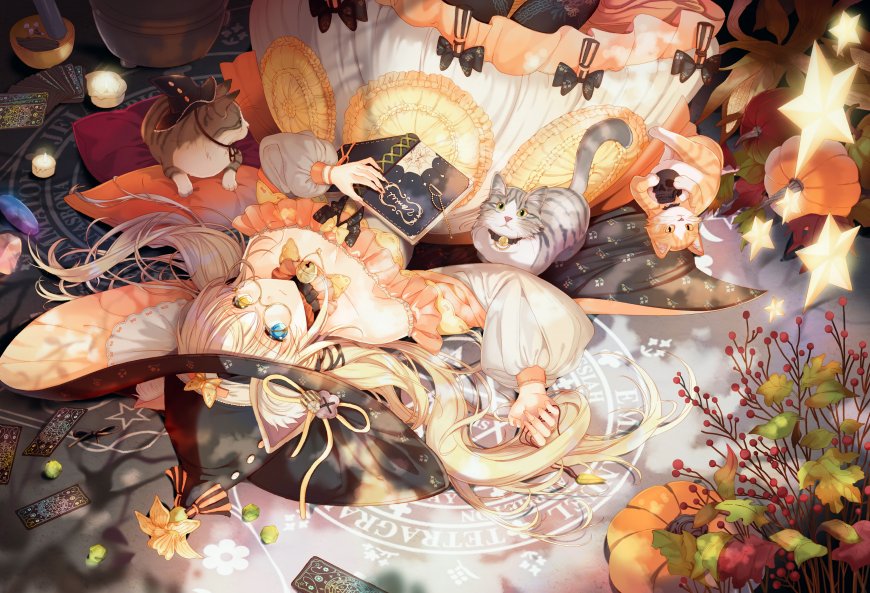 魔法少女躺卧阅读橙金奇幻动漫电脑壁纸