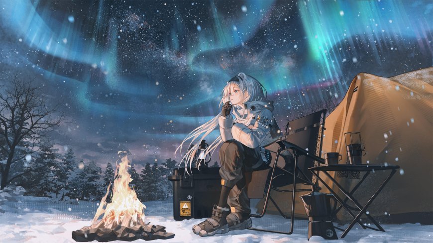 银发少女雪夜篝火极光动漫电脑壁纸