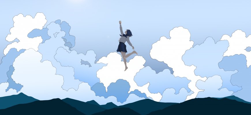 动漫少女跃起云端蓝白梦幻电脑壁纸