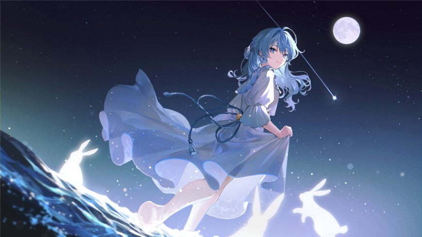 蓝发少女月下踏浪星光闪烁动漫电脑壁纸