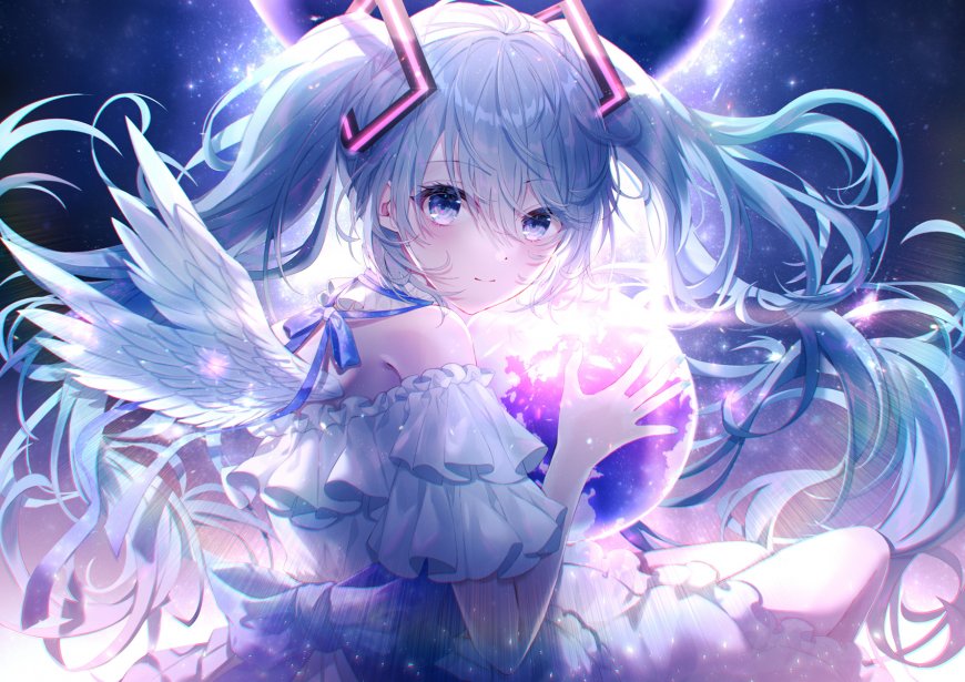 初音未来星穹抱球紫蓝梦幻动漫电脑壁纸