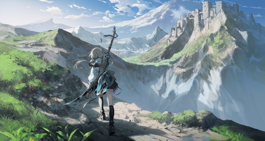 银发少女持剑远望雪山古堡蓝绿奇幻电脑壁纸