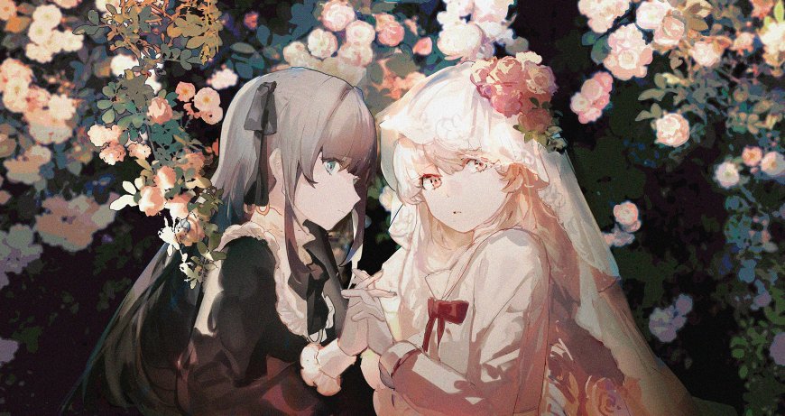 双少女花丛低语粉紫动漫电脑壁纸