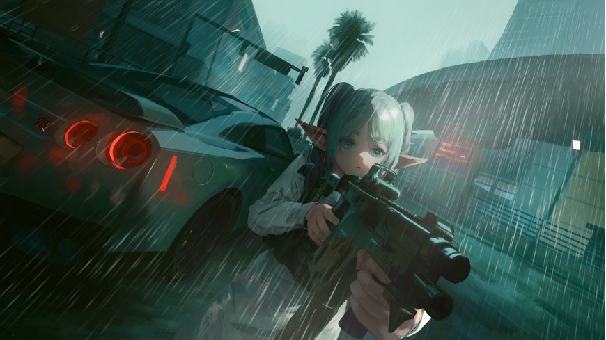 精灵少女持枪雨夜街道青灰动漫电脑壁纸
