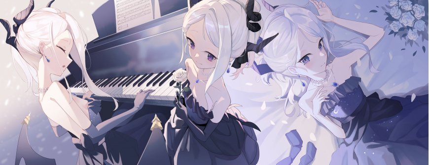 白发紫眸少女钢琴演奏蓝紫动漫电脑壁纸