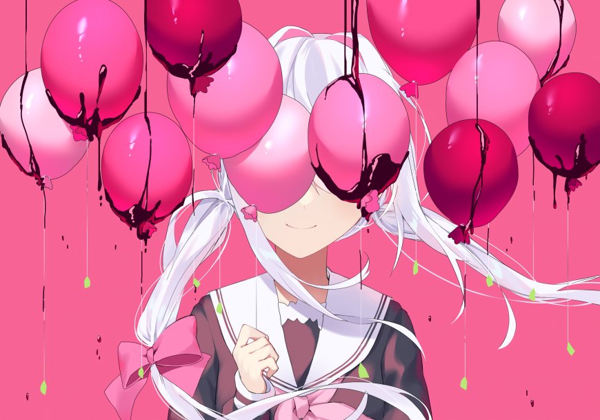 白发少女粉红气球滴液粉紫动漫电脑壁纸