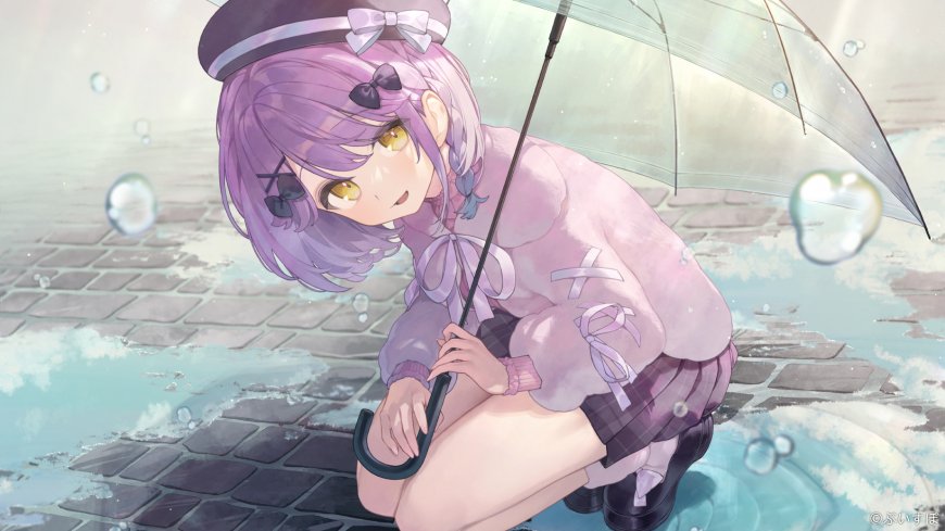 紫发少女撑伞蹲坐雨中粉紫动漫电脑壁纸