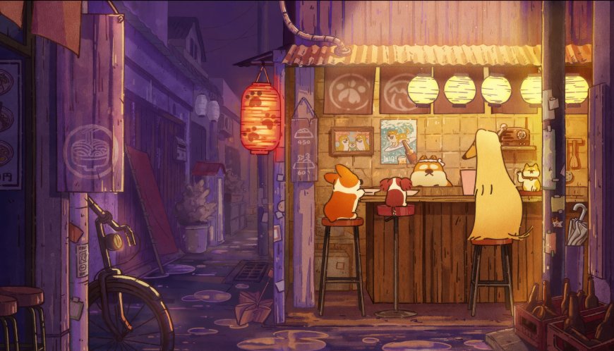 夜晚小巷猫狗居酒屋暖黄动漫电脑壁纸