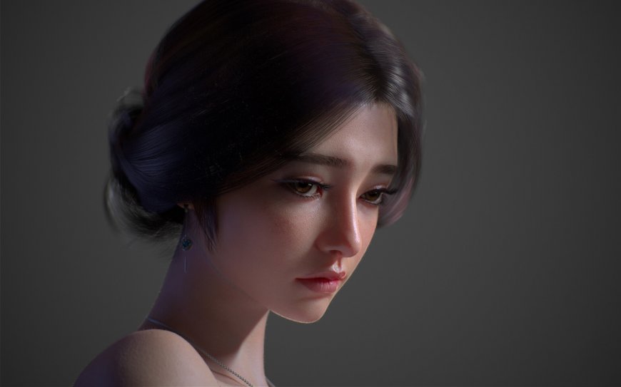 短发紫灰少女低眸沉思暖灰写实电脑壁纸