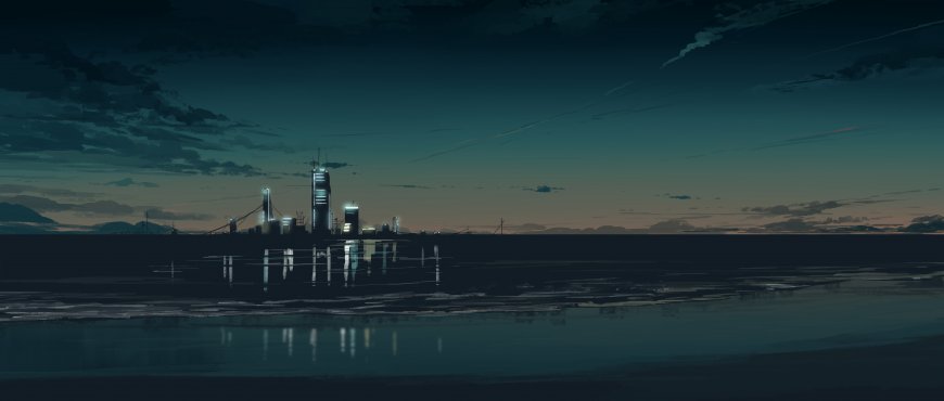 未来都市夜景倒影蓝绿科幻电脑壁纸