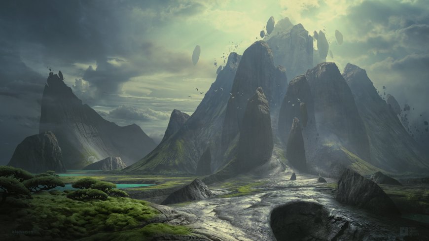 奇幻山峦浮石悬浮青灰风景电脑壁纸