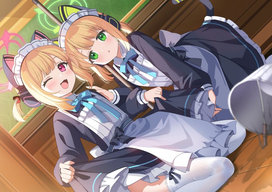 双马尾猫耳少女蓝白女仆装动漫电脑壁纸
