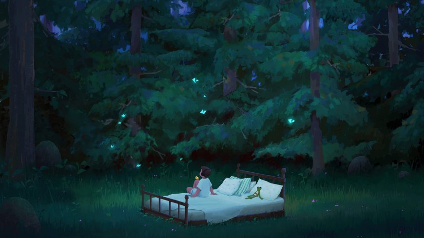 森林夜光萤火床边小女孩蓝绿梦幻插画电脑壁
