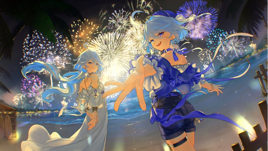 原神芙宁娜与珊瑚宫心海烟花夜景蓝紫动漫电