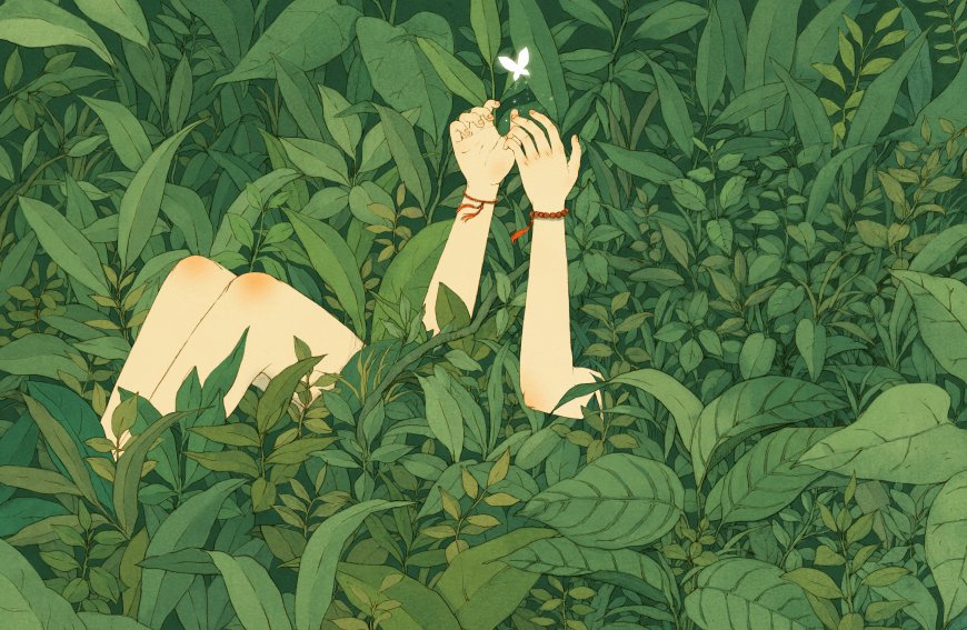少女藏身绿叶丛中轻托白蝶青绿唯美插画电脑