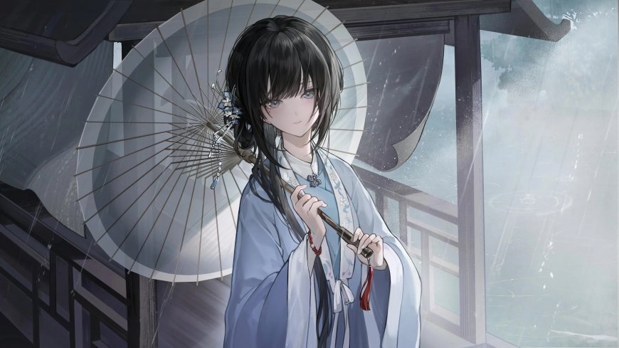 古风少女持伞雨中亭台灰蓝唯美动漫电脑壁纸