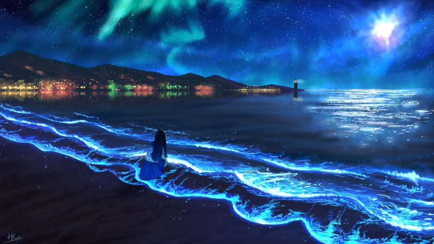 极光海夜少女凝望蓝紫梦幻风景电脑壁纸