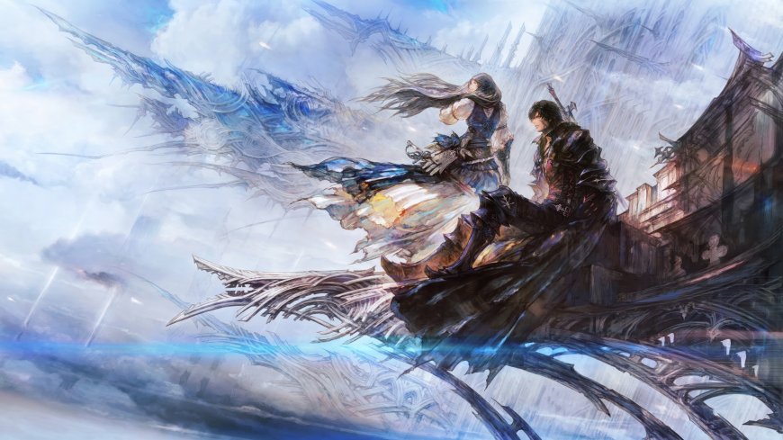最终幻想14光之战士与黑衣男子蓝白奇幻动
