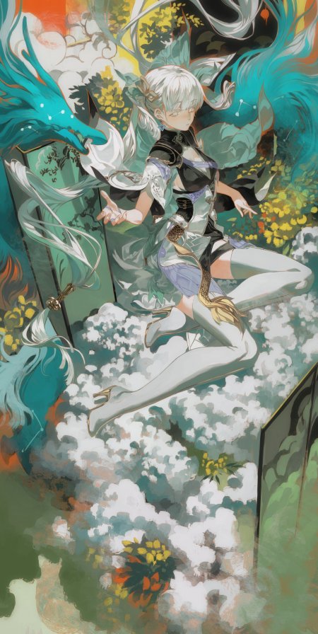 白发少女青龙环绕云海飘逸青绿奇幻动漫手机
