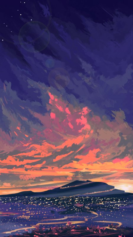城市夜景山峦剪影紫橙渐变风景手机壁纸