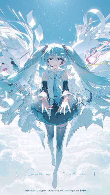 初音未来蓝发双马尾伸展双手蓝白动漫手机壁