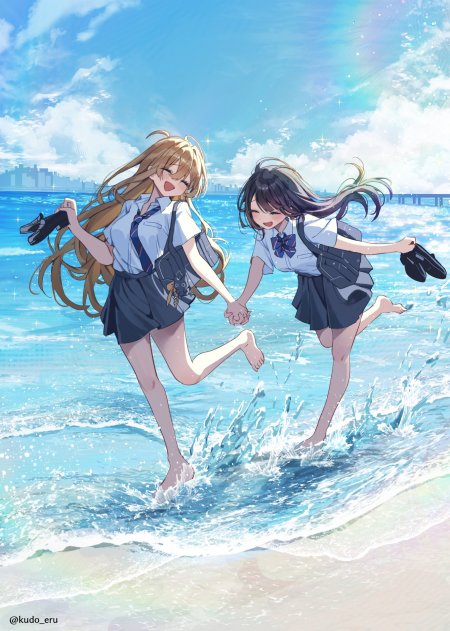 动漫少女牵手踏浪蓝白清新动漫手机壁纸