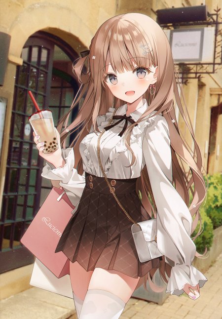 动漫少女手持奶茶逛街暖棕唯美动漫手机壁纸