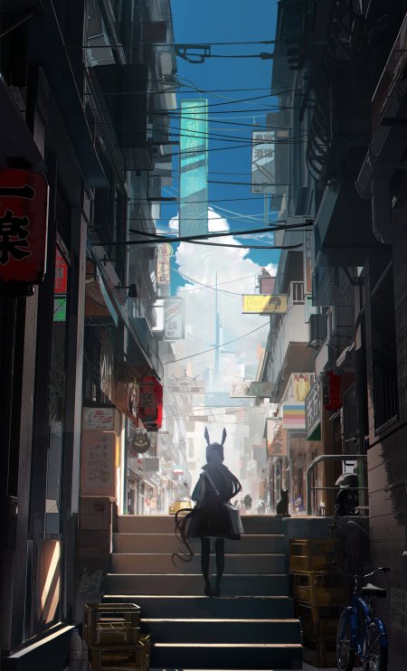 动漫少女兔耳背影阶梯巷道蓝白奇幻手机壁纸