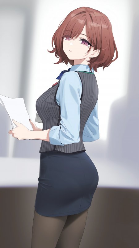 短发紫眸制服少女侧身持纸蓝灰动漫手机壁纸