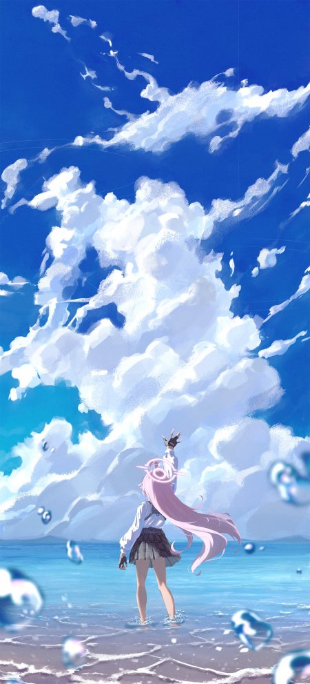 粉发少女海边仰望蓝天白云动漫手机壁纸