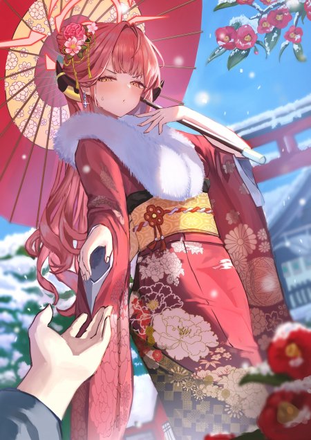 粉发少女和风红裙雪景动漫手机壁纸