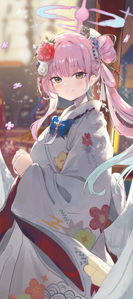 粉发少女和风花饰灰白古风动漫手机壁纸