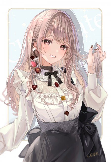 粉发少女甜笑蕾丝黑裙粉白动漫手机壁纸