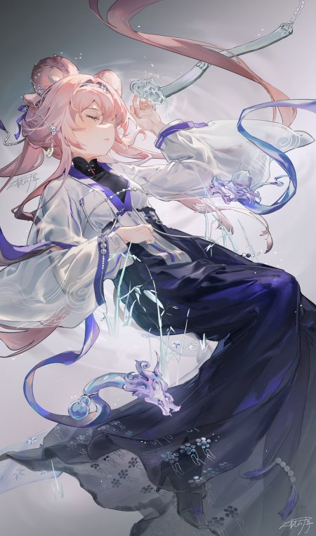 粉色长发古风少女持剑飘带紫白渐变动漫手机