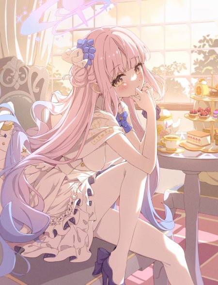 粉色长发少女茶会场景暖金动漫手机壁纸