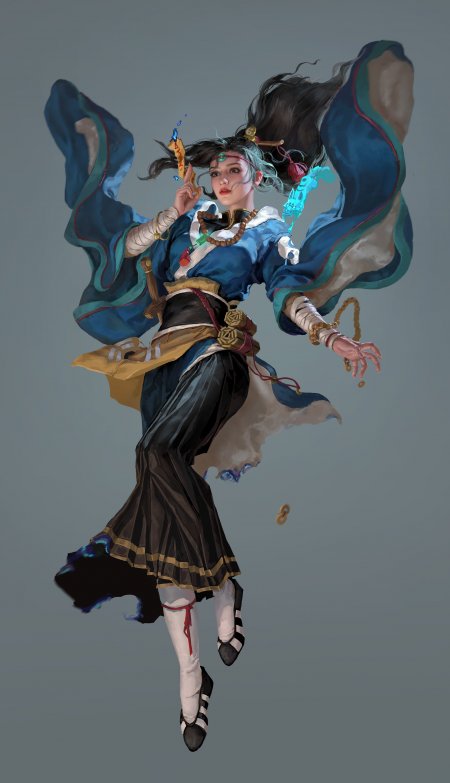 古风少女飞天姿态蓝白青奇幻手机壁纸