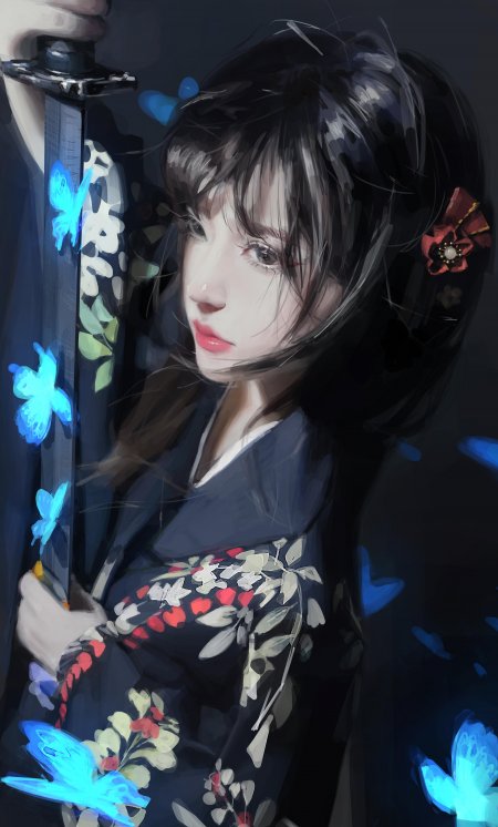 和风少女持刀蓝蝶飞舞暗蓝动漫手机壁纸