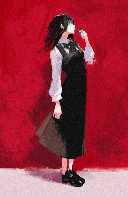 黑发少女白衬衫黑裙红背景动漫手机壁纸